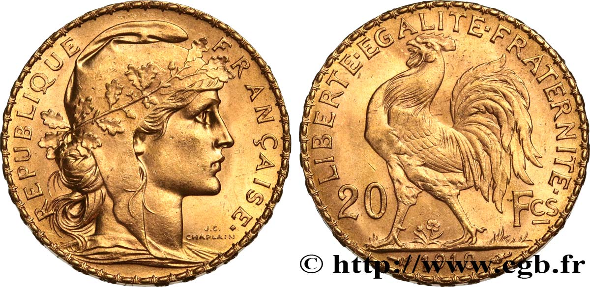 20 francs or Coq, Liberté Égalité Fraternité 1910 Paris F.535/4 SPL 