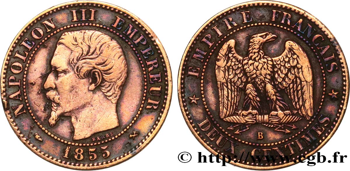 Deux centimes Napoléon III, tête nue 1855 Rouen F.107/21 S 