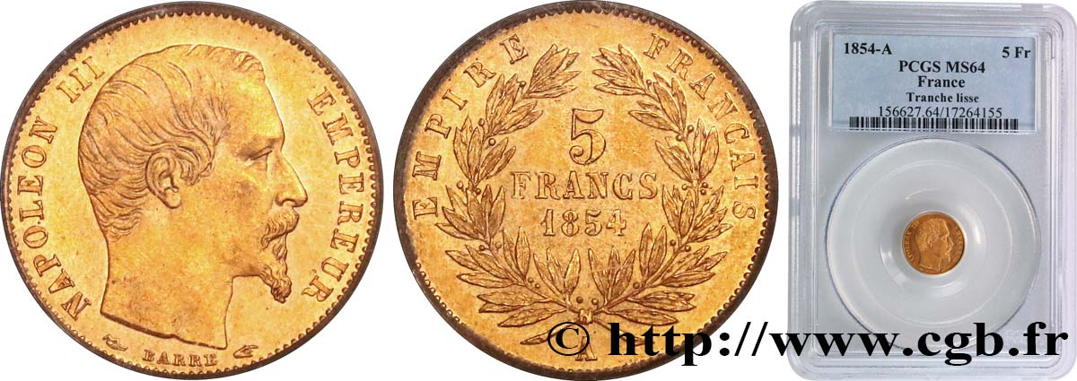5 francs or Napoléon III, tête nue, petit module, tranche lisse 1854 Paris F.500/1 fST64 PCGS