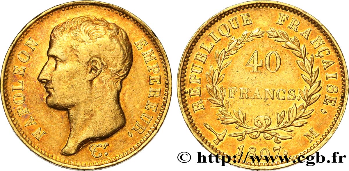 40 francs or Napoléon tête nue, type transitoire 1807 Toulouse F.539/3 BB 