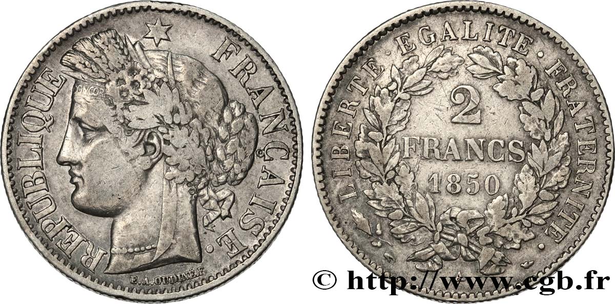 2 francs Cérès, IIe République 1850 Paris F.261/4 TB35 