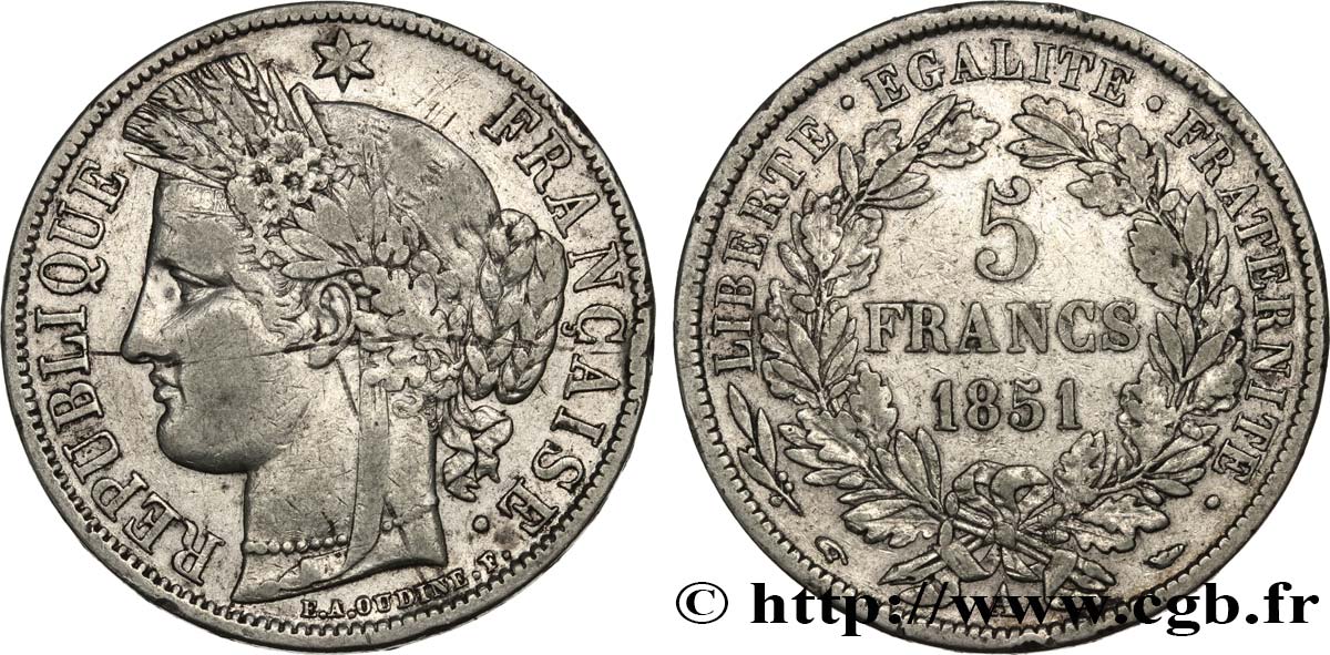 5 francs Cérès, IIe République 1851 Paris F.327/7 BC 
