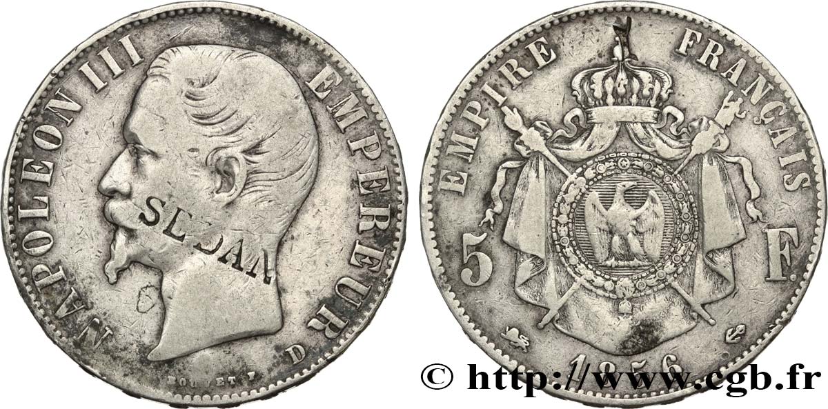 5 francs Napoléon III, tête nue, contremarqué SEDAN 1856 Lyon F.330/9 var. VF20 