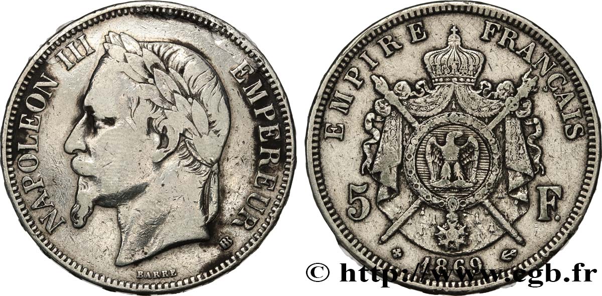 5 francs Napoléon III, tête laurée 1869 Strasbourg F.331/15 BC 