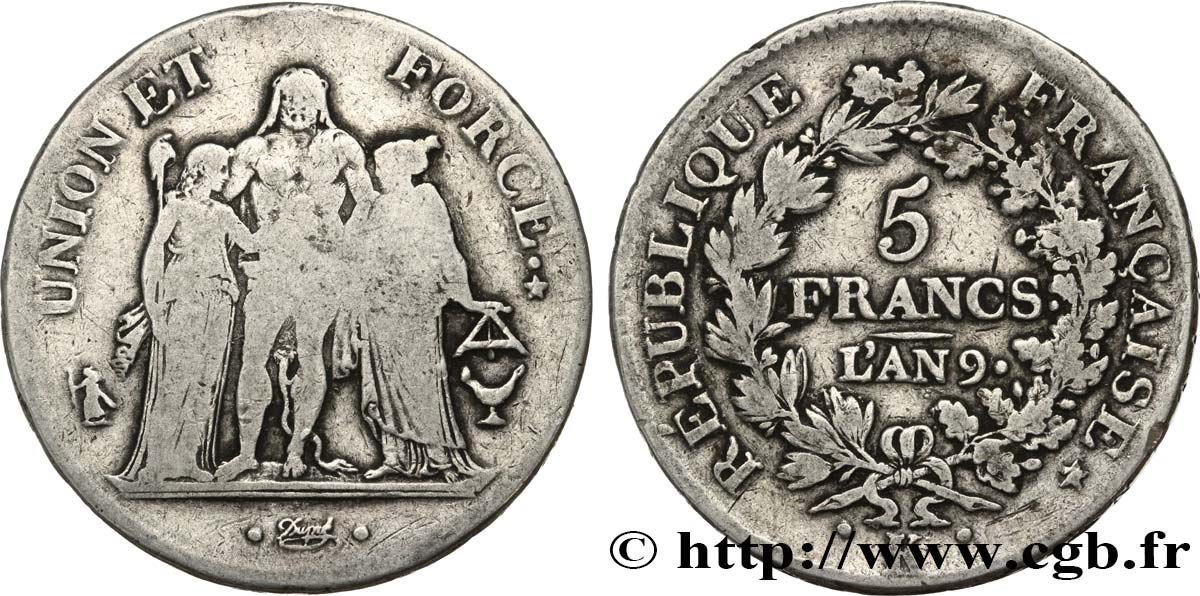 5 francs Union et Force, Union serré, avec glands intérieurs et gland extérieur 1801 Bordeaux F.288/159 S15 