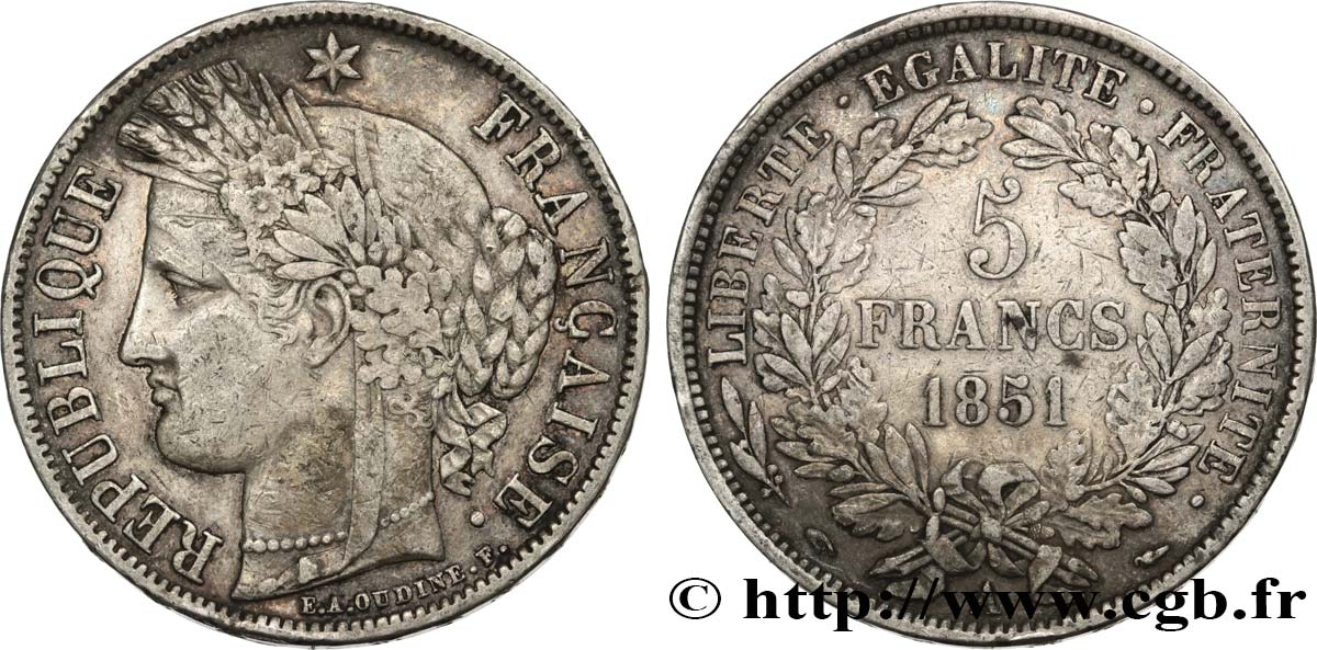 5 francs Cérès, IIe République 1851 Paris F.327/7 TTB40 