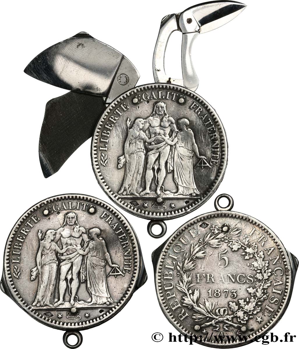 5 francs Hercule, transformé en porte-clé avec lime à ongle, couteau et paire de ciseaux 1873 Paris F.334/9 var. VF 