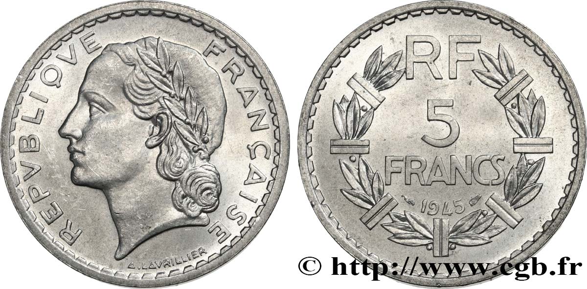 5 francs Lavrillier, aluminium 1945  F.339/3 fST63 