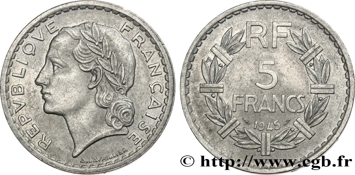 5 francs Lavrillier, aluminium 1945  F.339/3 AU55 