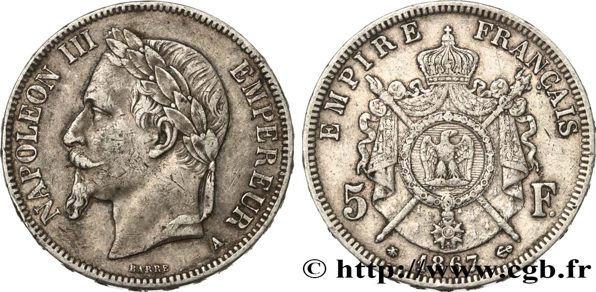 5 francs Napoléon III, tête laurée 1867 Paris F.331/10 TB35 