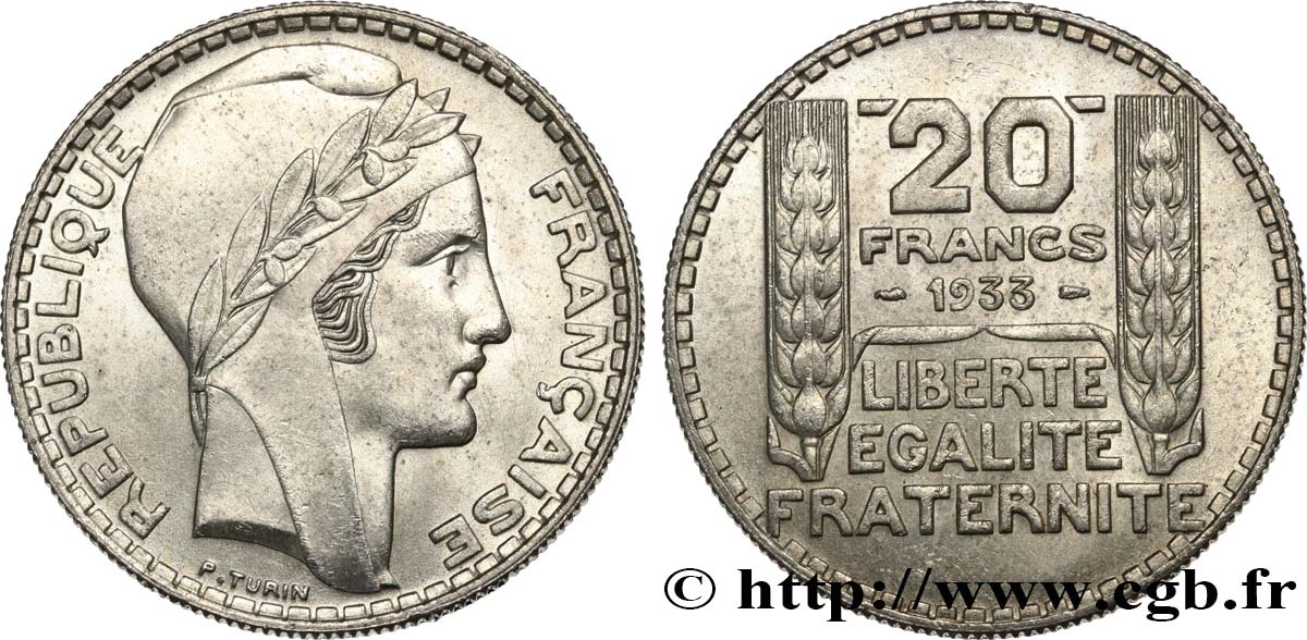 20 francs Turin, rameaux courts 1933  F.400/4 SUP55 