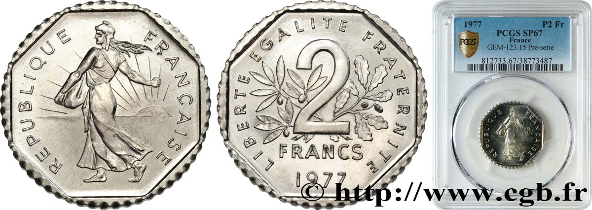 Pré-série de 2 francs Semeuse, nickel, sans le mot essai, flan rond, listel octogonal, 6,94 g 1977 Pessac GEM.123 15 ST67 PCGS