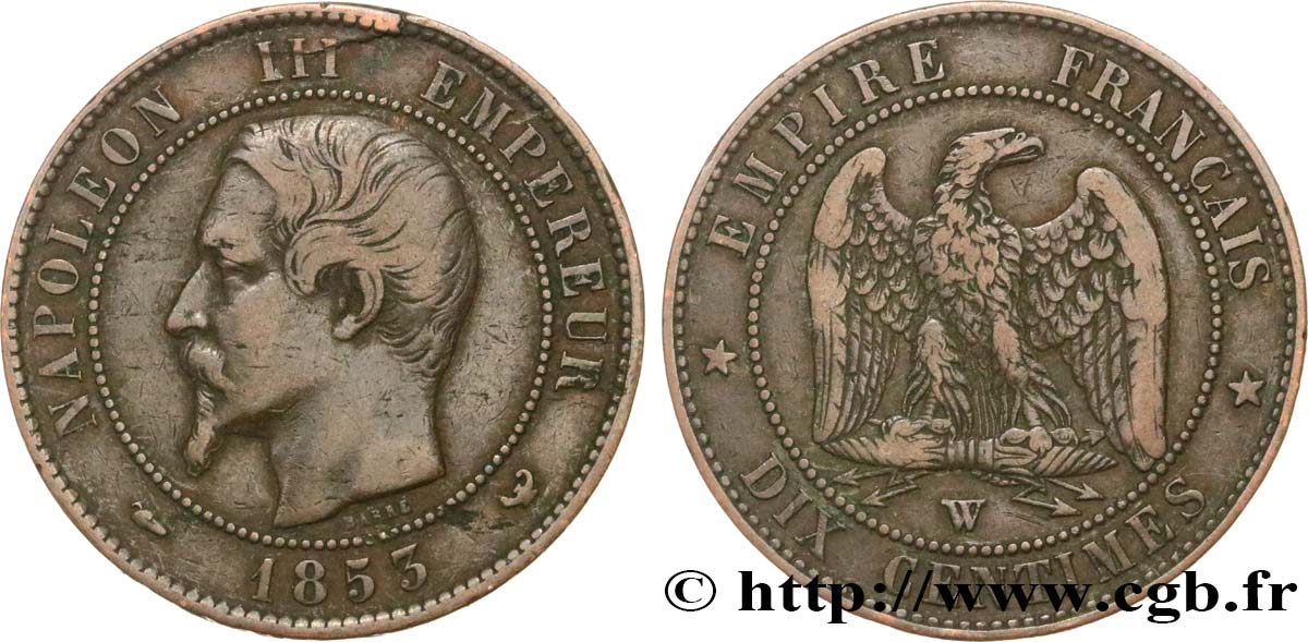 Dix centimes Napoléon III, tête nue 1853 Lille F.133/10 TB35 