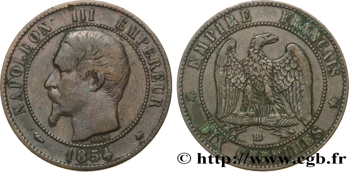Dix centimes Napoléon III, tête nue 1854 Strasbourg F.133/13 BC35 