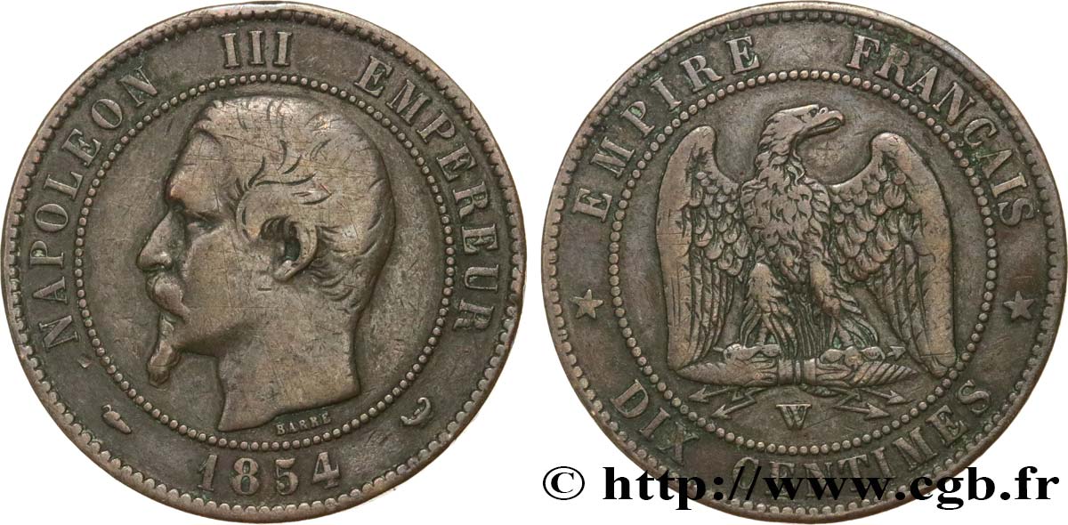 Dix centimes Napoléon III, tête nue 1854 Lille F.133/18 MB25 