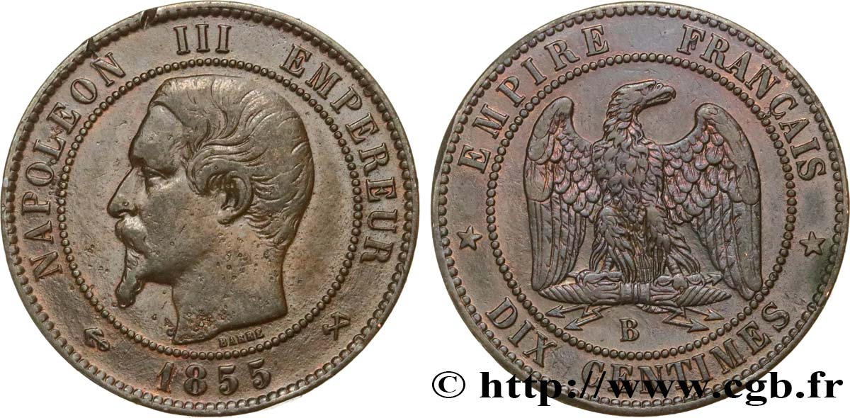Dix centimes Napoléon III, tête nue 1855 Rouen F.133/22 VF35 