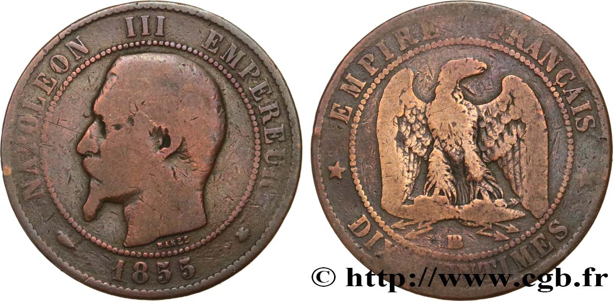 Dix centimes Napoléon III, tête nue 1855 Strasbourg F.133/23 var. B8 