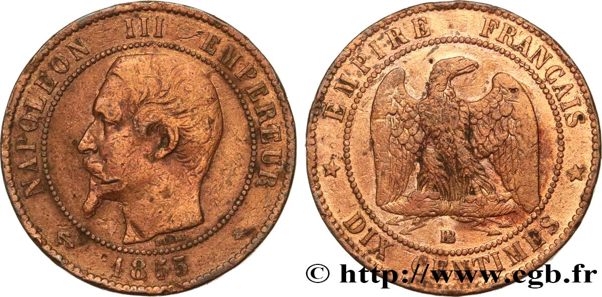 Dix centimes Napoléon III, tête nue, différent ancre 1855 Strasbourg F.133/24 TB 