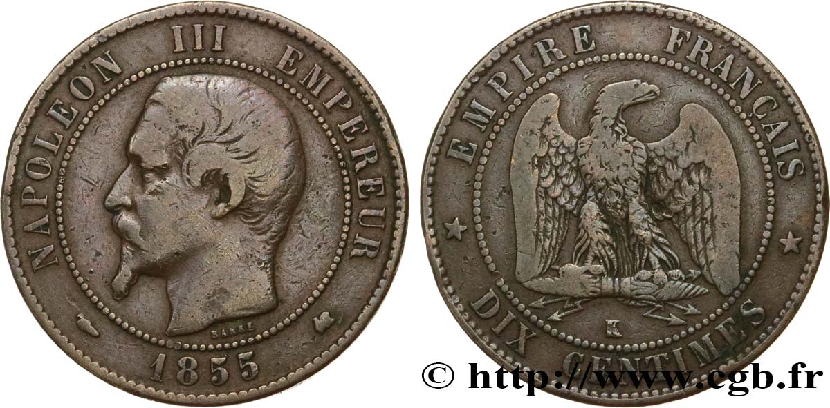 Dix centimes Napoléon III, tête nue 1855 Bordeaux F.133/27 TB15 