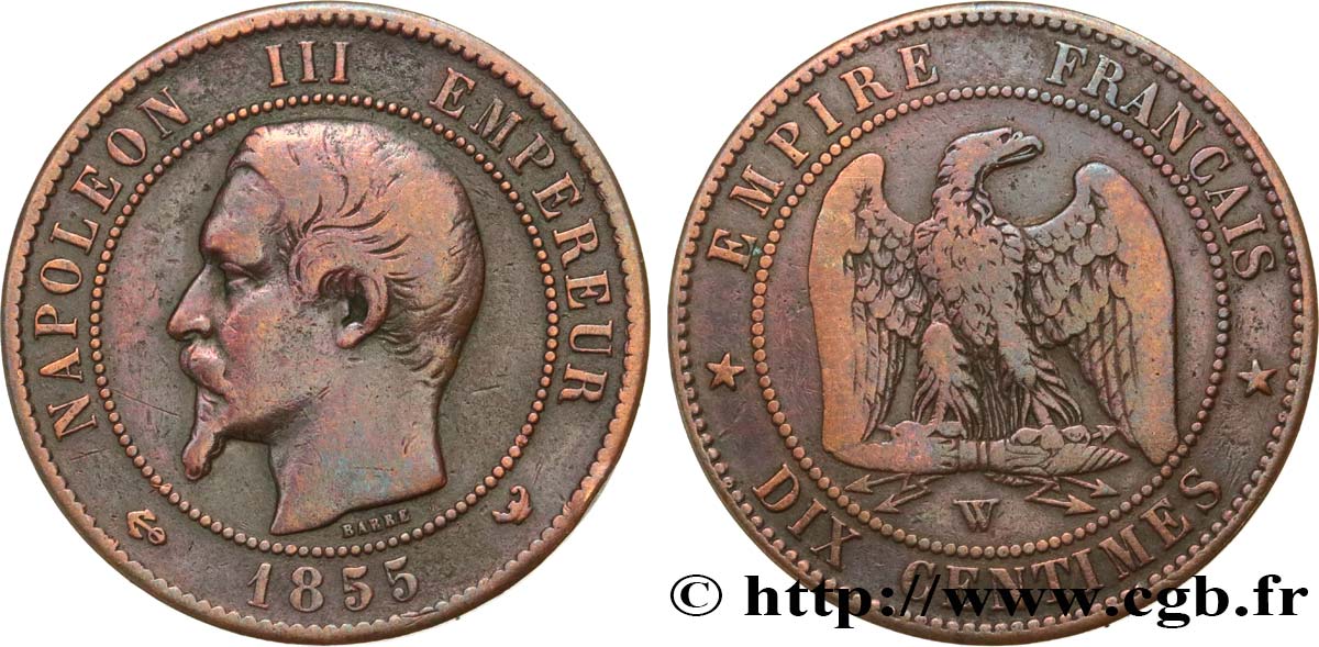 Dix centimes Napoléon III, tête nue, différent levrette 1855 Marseille F.133/30 TB30 
