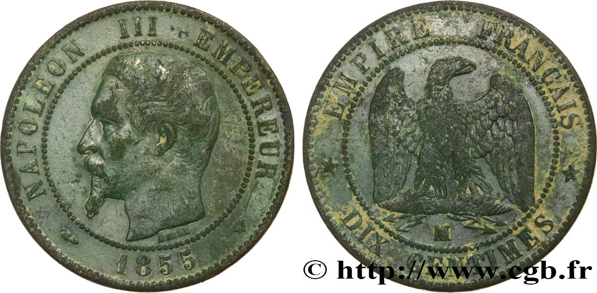 Dix centimes Napoléon III, tête nue 1855 Lille F.133/33 TB25 