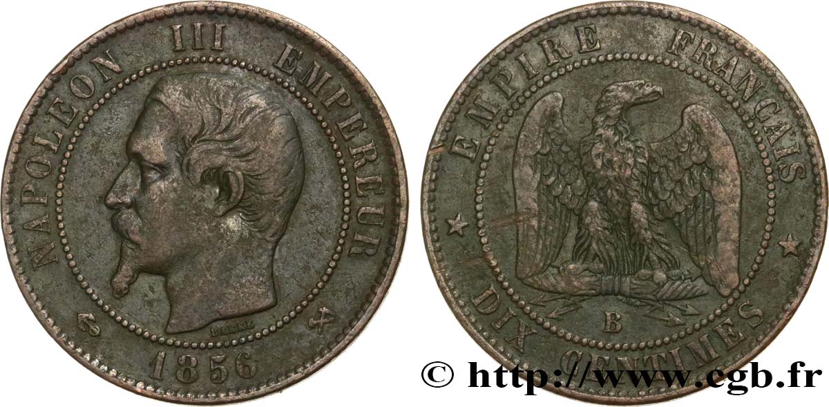 Dix centimes Napoléon III, tête nue 1856 Rouen F.133/35 BC25 