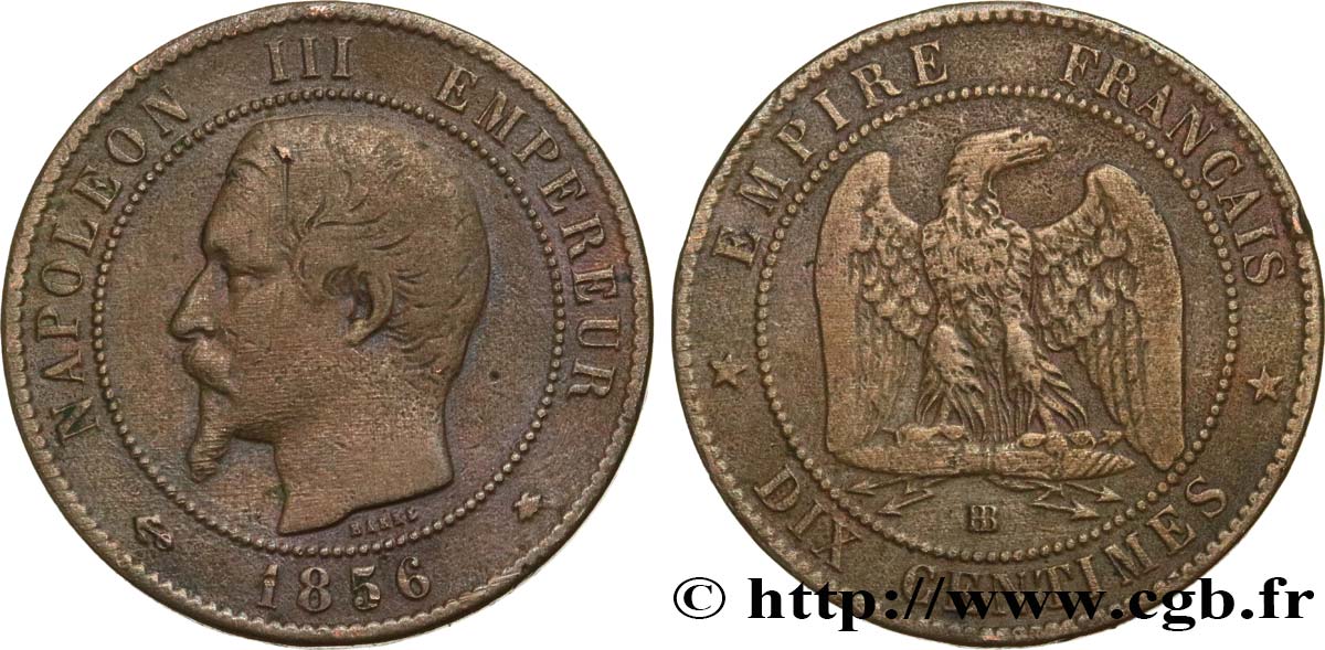 Dix centimes Napoléon III, tête nue 1856 Strasbourg F.133/36 TB25 