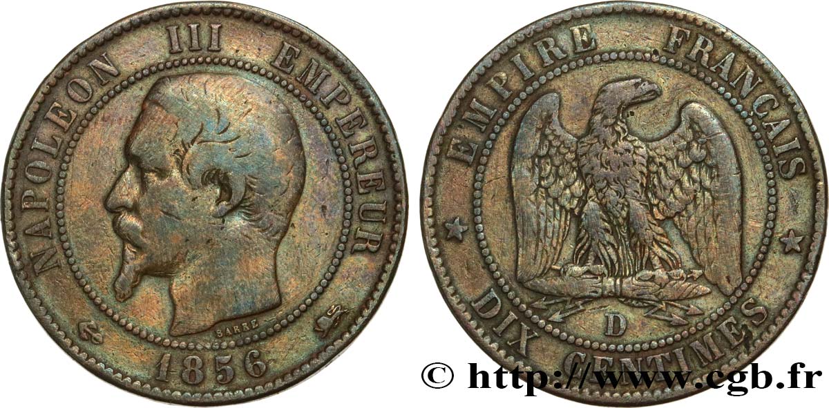 Dix centimes Napoléon III, tête nue 1856 Lyon F.133/37 MB 