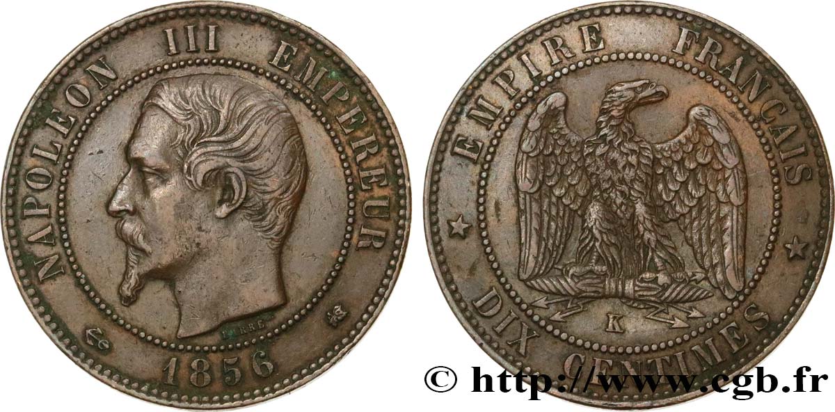 Dix centimes Napoléon III, tête nue 1856 Bordeaux F.133/38 TTB50 