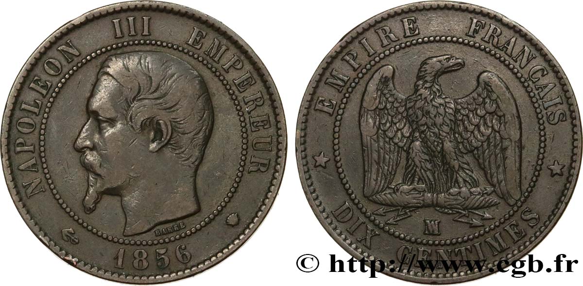 Dix centimes Napoléon III, tête nue 1856 Marseille F.133/39 BC35 