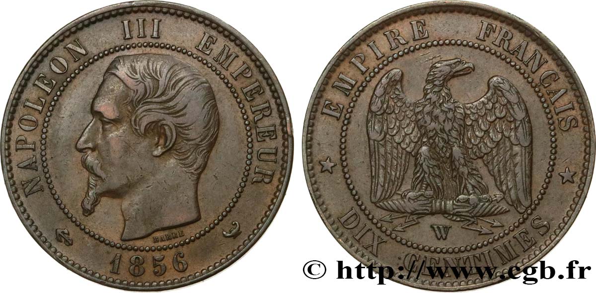 Dix centimes Napoléon III, tête nue 1856 Lille F.133/40 AU50 