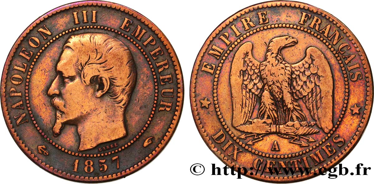 Dix centimes Napoléon III, tête nue 1857 Paris F.133/41 TB 