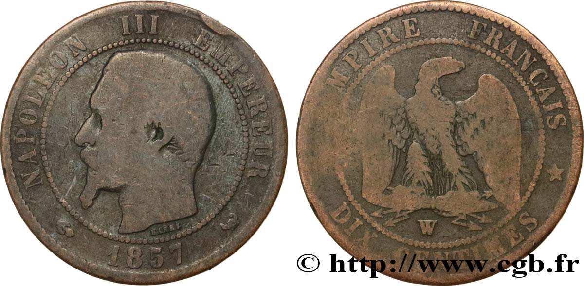 Dix centimes Napoléon III, tête nue 1857 Lille F.133/46 B6 