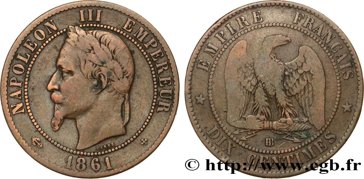Dix centimes Napoléon III, tête laurée 1861 Strasbourg F.134/5 MB15 