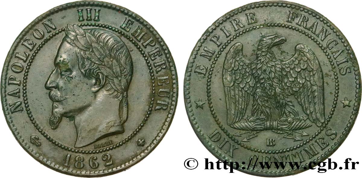 Dix centimes Napoléon III, tête laurée 1862 Strasbourg F.134/8 q.SPL 