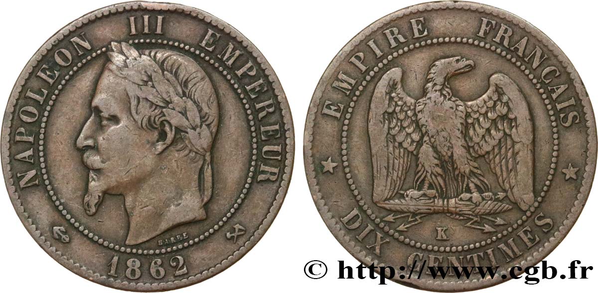 Dix centimes Napoléon III, tête laurée 1862 Bordeaux F.134/9 MB25 