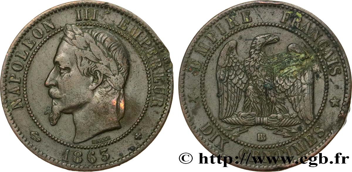 Dix centimes Napoléon III, tête laurée 1863 Strasbourg F.134/11 VF 