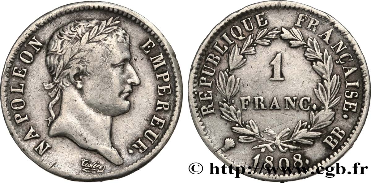 1 franc Napoléon Ier tête laurée, République française 1808 Strasbourg F.204/4 MBC45 