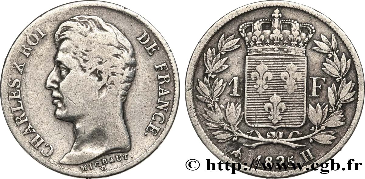 1 franc Charles X, matrice du revers à cinq feuilles 1825 La Rochelle F.207/5 VF 