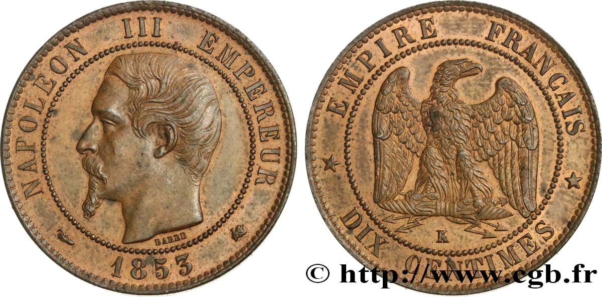 Dix centimes Napoléon III, tête nue 1853 Bordeaux F.133/7 VZ61 