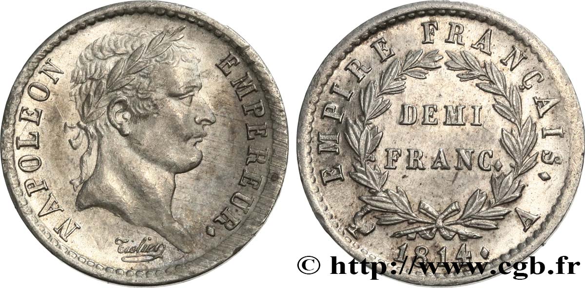 Demi-franc Napoléon Ier tête laurée, Empire français 1814 Paris F.178/63 SUP62 