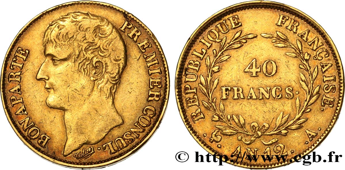 40 francs or Bonaparte Premier Consul 1804 Paris F.536/3 XF40 