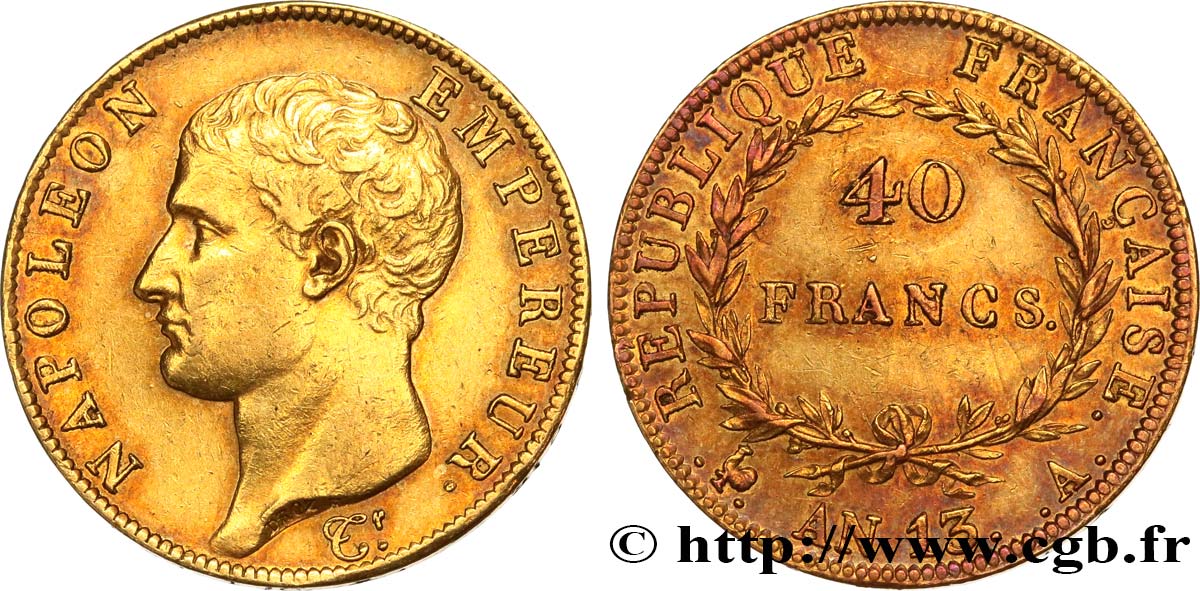 40 francs or Napoléon tête nue, Calendrier révolutionnaire 1805 Paris F.537/1 AU53 