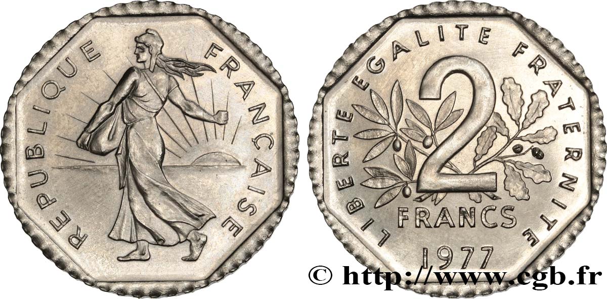 Pré-série de 2 francs Semeuse, nickel, sans le mot essai, flan rond, listel octogonal 1977 Pessac GEM.123 14 ST 