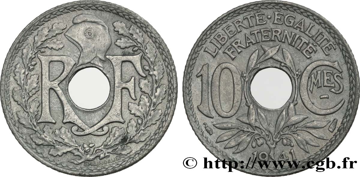 10 centimes Lindauer en zinc, Cmes souligné et millésime sans points 1941  F.140/1 VZ 