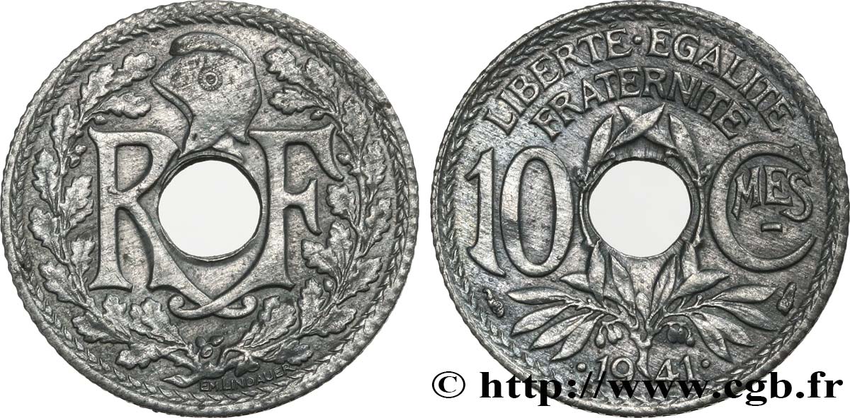 10 centimes Lindauer en zinc, Cmes souligné et millésime avec points 1941  F.140/2 VZ 