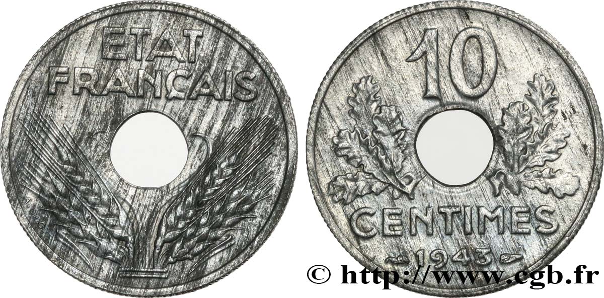 10 centimes État français, grand module 1943  F.141/5 SPL58 