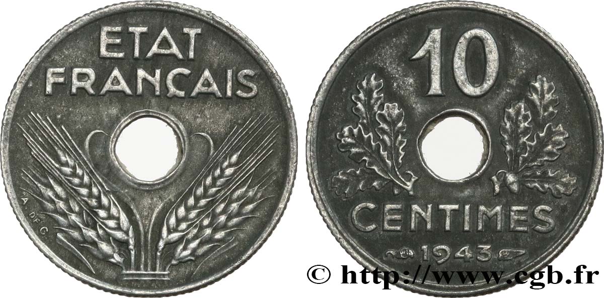 10 centimes État français, petit module 1943  F.142/2 VZ55 