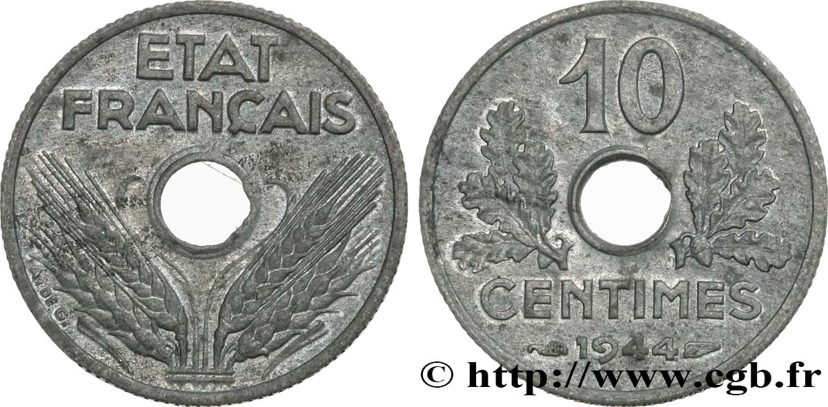 10 centimes État français, petit module 1944  F.142/3 SPL60 