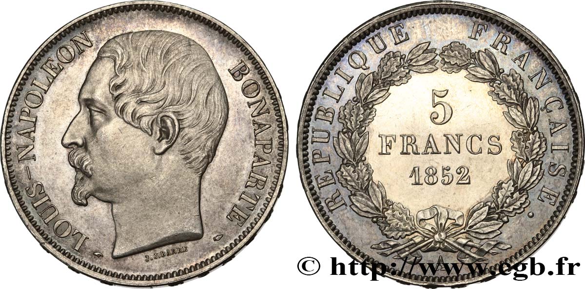 5 francs Louis-Napoléon, J.J. BARRE 1852 Paris F.328/1 SPL63 